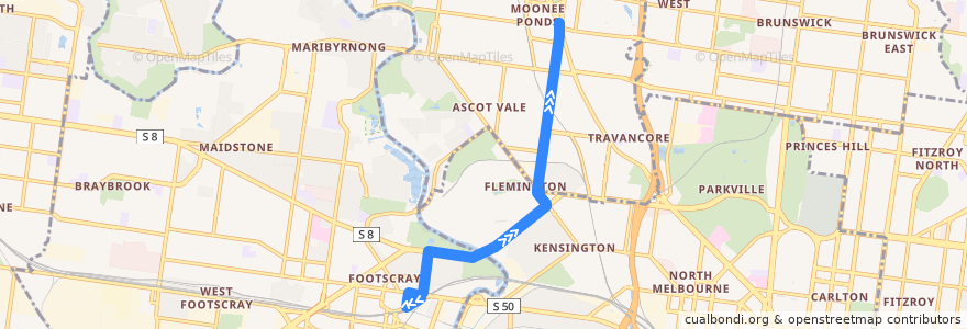 Mapa del recorrido Bus 404: Footscray => Newmarket => Moonee Ponds Interchange de la línea  en Melbourne.