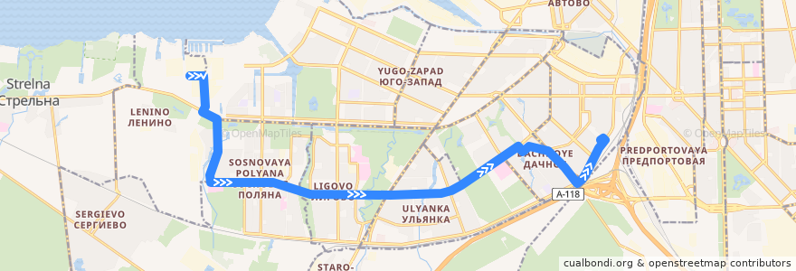Mapa del recorrido Автобус № 68: ЛЭМЗ => Счастливая улица de la línea  en Sankt Petersburg.