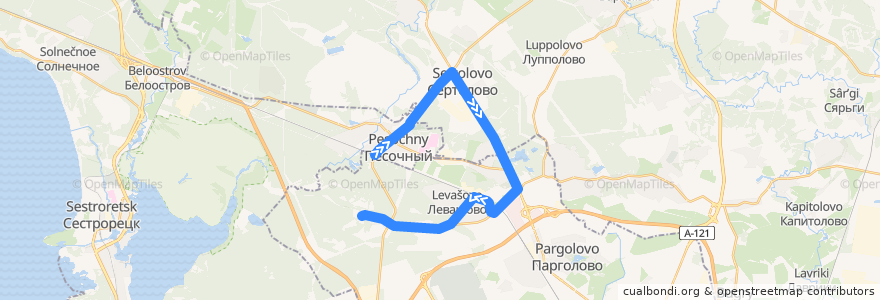 Mapa del recorrido Автобус № 84: ж/д станция Песочная => Новоселки de la línea  en Oblast de Léningrad.