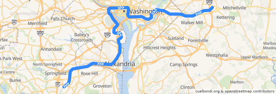 Mapa del recorrido WMATA Blue Line: Franconia–Springfield → Largo Town Center de la línea  en Stati Uniti d'America.