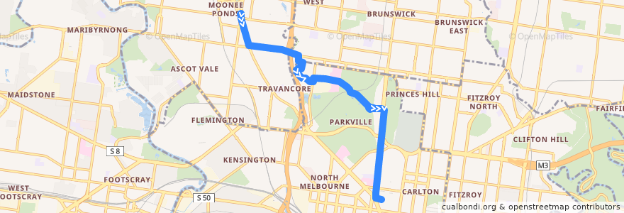 Mapa del recorrido Bus 505: Moonee Ponds Interchange => Parkville Gardens => Melbourne University de la línea  en メルボルン.