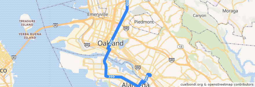 Mapa del recorrido AC Transit 51A: Rockridge BART => Fruitvale BART de la línea  en مقاطعة ألاميدا (كاليفورنيا).
