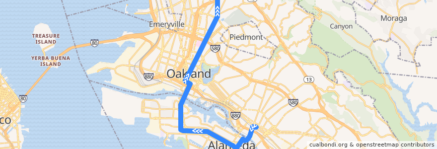 Mapa del recorrido AC Transit 51A: Fruitvale BART => Rockridge BART de la línea  en Аламида.