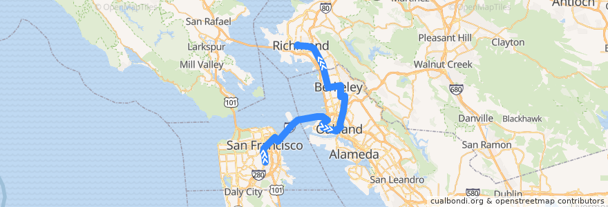 Mapa del recorrido AC Transit 800: 24th Street & Mission => Market & Van Ness => Richmond BART (weekends) de la línea  en カリフォルニア州.