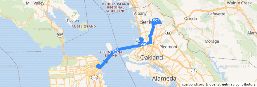Mapa del recorrido AC Transit F: U.C. Campus => Salesforce Transit Center de la línea  en カリフォルニア州.