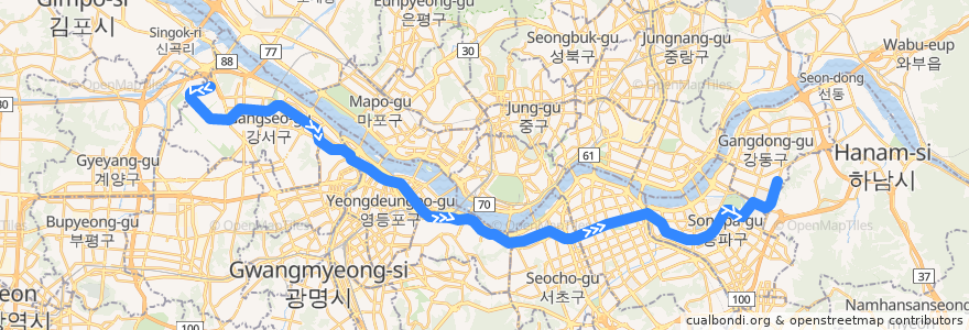 Mapa del recorrido 서울 지하철 9호선: 개화 → 중앙보훈병원 de la línea  en 서울특별시.