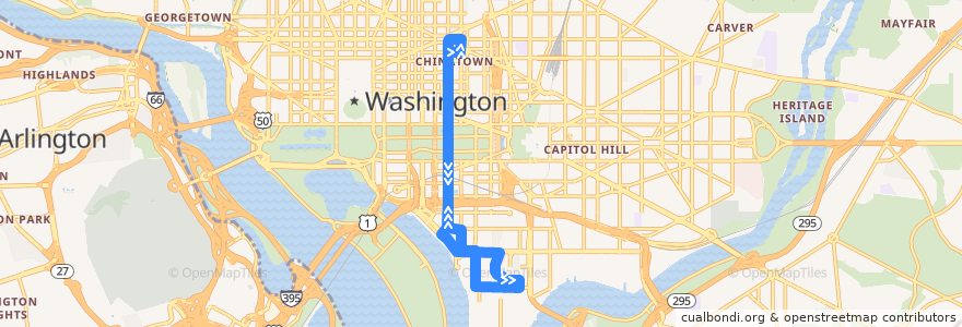 Mapa del recorrido WMATA 74 Convention Center-Southwest Waterfront Line de la línea  en 华盛顿/蓽盛頓.