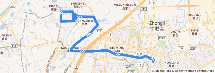 Mapa del recorrido 132 中壢->中央大學 de la línea  en Taoyuan.