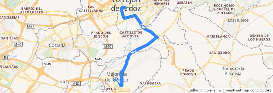 Mapa del recorrido Bus 340: Mejorada del Campo → Torrejón de Ardoz de la línea  en Community of Madrid.