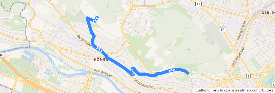 Mapa del recorrido Bus 38: Zürich, Schützenhaus Höngg → Waidspital de la línea  en Цюрих.