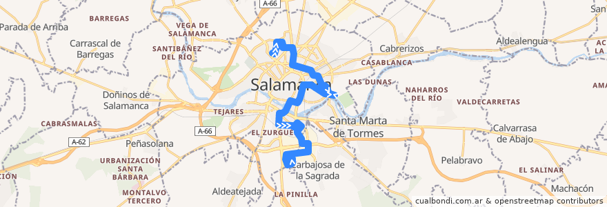Mapa del recorrido 12. Barrio Blanco → Montalvo II de la línea  en سالامانکا.