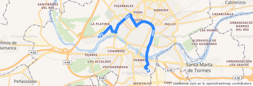 Mapa del recorrido 13. Huerta Otea → San José de la línea  en سالامانکا.