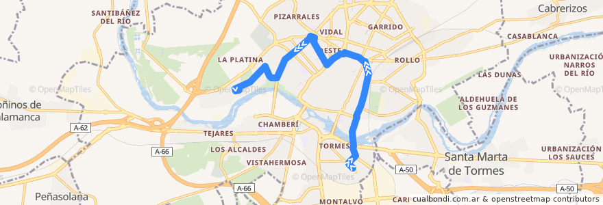 Mapa del recorrido 13. San José → Huerta Otea de la línea  en Salamanque.