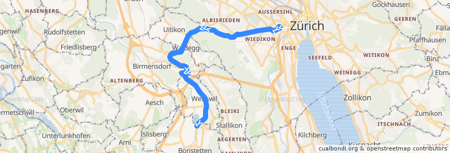 Mapa del recorrido Bus 220: Zürich, Bahnhof Wiedikon => Bonstetten-Wettswil, Bahnhof de la línea  en Zürich.
