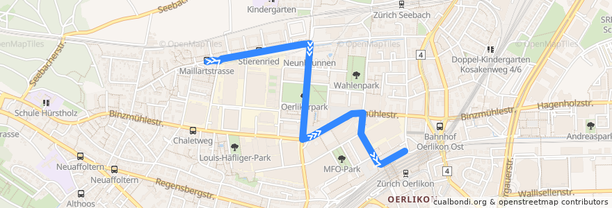Mapa del recorrido Bus 64: Zürich, Maillartstrasse → Bahnhof Oerlikon Nord de la línea  en Zurich.