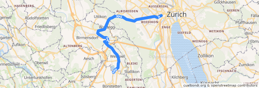 Mapa del recorrido Bus 220: Bonstetten-Wettswil, Bahnhof => Zürich, Bahnhof Wiedikon de la línea  en Zürich.