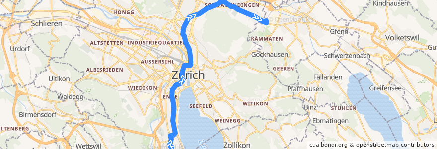 Mapa del recorrido Tram 7: Wollishoferplatz → Bahnhof Stettbach de la línea  en Цюрих.