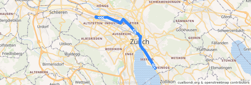 Mapa del recorrido Tram 4: Bahnhof Tiefenbrunnen → Bahnhof Altstetten Nord de la línea  en 蘇黎世.