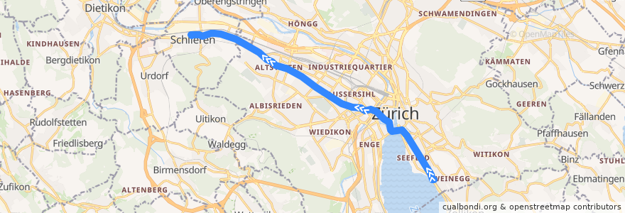 Mapa del recorrido Tram 2: Bahnhof Tiefenbrunnen → Schlieren Geissweid de la línea  en Zurich.
