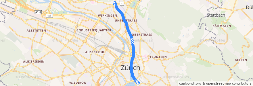 Mapa del recorrido Tram 15: Bahnhof Stadelhofen → Bucheggplatz de la línea  en Zürich.