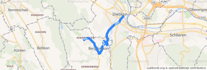 Mapa del recorrido Bus 305: Kindhausen AG → Dietikon, Bahnhof de la línea  en Schweiz.
