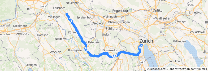 Mapa del recorrido Bus 445: Zürich, Bahnhof Enge/Bederstrasse → Oberrohrdorf, Staretschwil de la línea  en Schweiz/Suisse/Svizzera/Svizra.