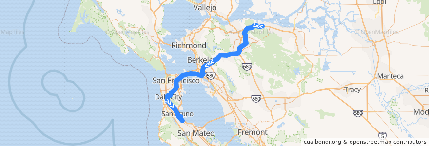 Mapa del recorrido BART Yellow Line: Antioch => Pittsburg/Bay Point => SFO Airport => Millbrae de la línea  en California.