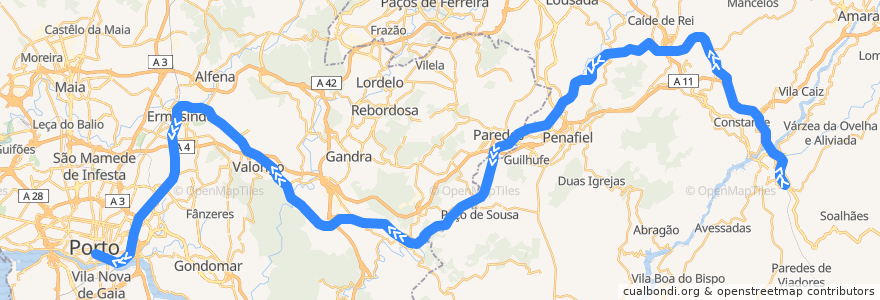 Mapa del recorrido Comboio Urbano: Porto (São Bento) => Marco de Canaveses de la línea  en Oporto.