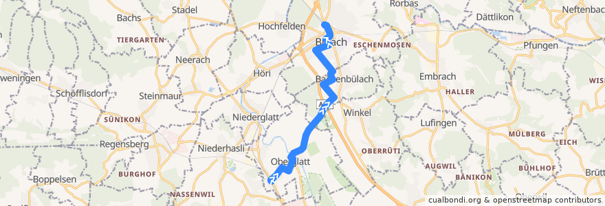 Mapa del recorrido Bus 504: Oberglatt ZH, Bahnhof => Bülach, Bahnhof de la línea  en Цюрих.