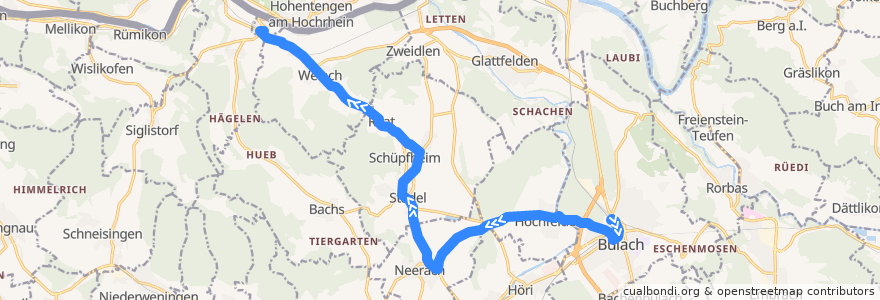 Mapa del recorrido Bus 515: Bülach, Bahnhof => Kaiserstuhl AG, Bahnhof de la línea  en 蘇黎世州.