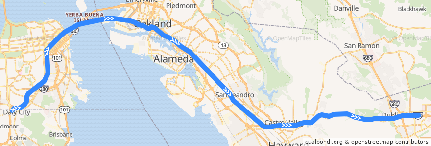 Mapa del recorrido BART Blue Line: Daly City => Dublin/Pleasanton de la línea  en كاليفورنيا.