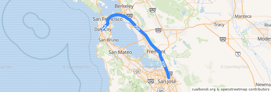 Mapa del recorrido BART Green Line: Daly City => Berryessa/North San José de la línea  en 캘리포니아주.