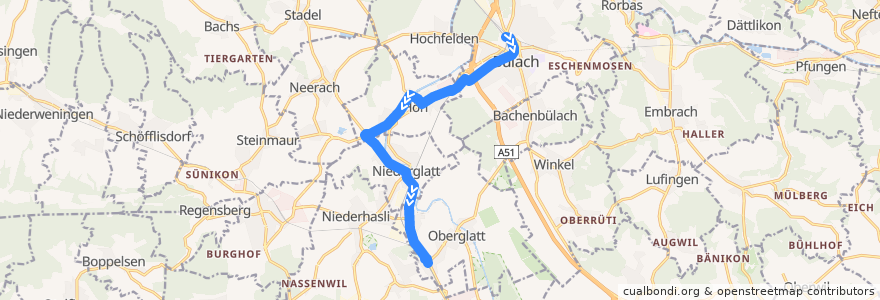 Mapa del recorrido Bus 525: Bülach, Bahnhof => Oberglatt ZH, Bahnhof de la línea  en زيورخ.