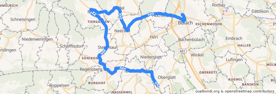Mapa del recorrido Bus 535: Oberglatt ZH, Bahnhof => Bülach, Bahnhof de la línea  en Zurich.