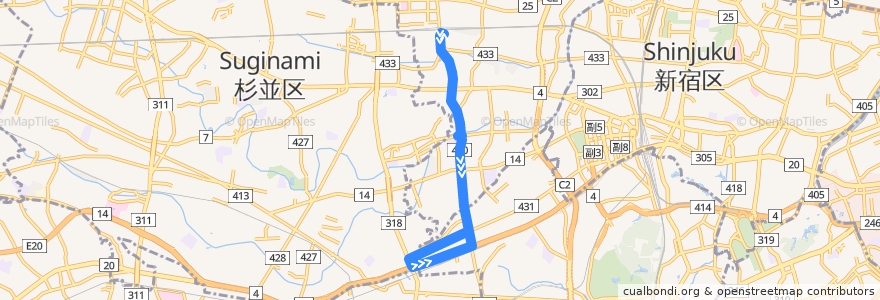 Mapa del recorrido 代田橋循環線 de la línea  en 東京都.