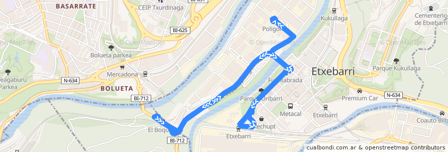 Mapa del recorrido Bus 2 Normal: Metro Etxebarri - El Boquete de la línea  en Biscaye.