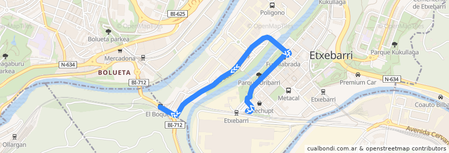 Mapa del recorrido Bus 2 Corta: Metro Etxebarri - El Boquete de la línea  en Bizkaia.