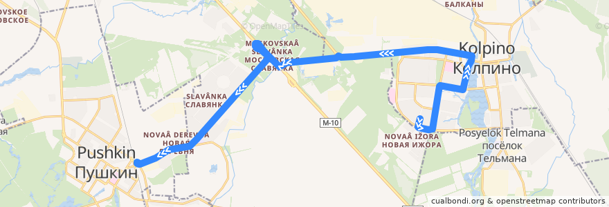 Mapa del recorrido Автобус № 374: Колпино, Заводской проспект=> Пушкин, шоссе Подбельского de la línea  en Санкт-Петербург.