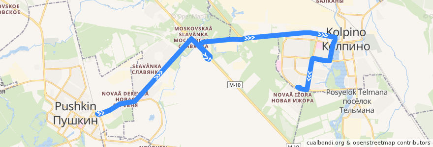 Mapa del recorrido Автобус № 374: Пушкин, шоссе Подбельского => Колпино, Заводской проспект de la línea  en Санкт-Петербург.