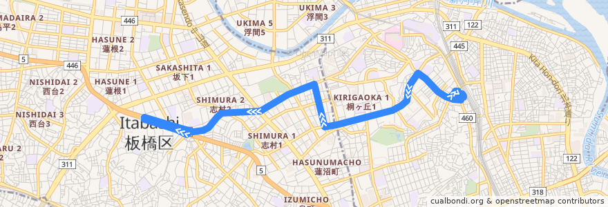 Mapa del recorrido 赤56-3 de la línea  en Tóquio.