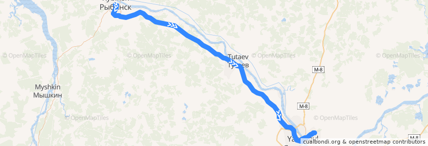 Mapa del recorrido Автобус №500: Рыбинск - Ярославль (Обл. больница) de la línea  en Ярославская область.
