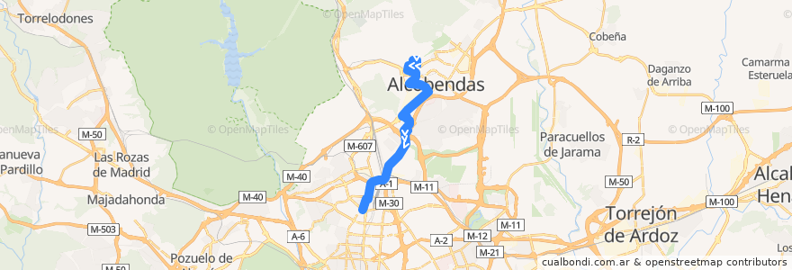 Mapa del recorrido Bus 157C: Alcobendas (Valdelasfuentes) → Plaza Castilla de la línea  en Community of Madrid.
