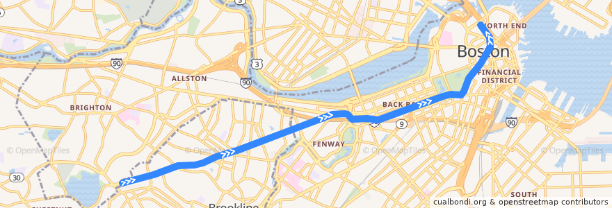 Mapa del recorrido MBTA Green Line (C): Cleveland Circle → North Station de la línea  en 马萨诸塞州 / 麻薩諸塞州 / 麻省.