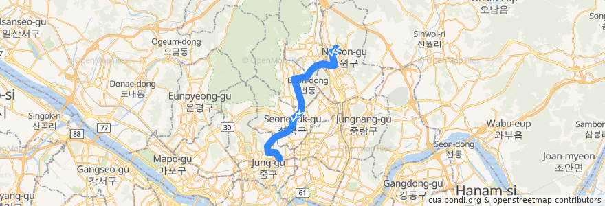 Mapa del recorrido 서울 시내버스 102 de la línea  en Seoul.