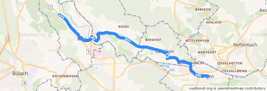 Mapa del recorrido Bus 529: Rorbas, Bruggi => Dättlikon => Pfungen, Bahnhof de la línea  en Zurich.