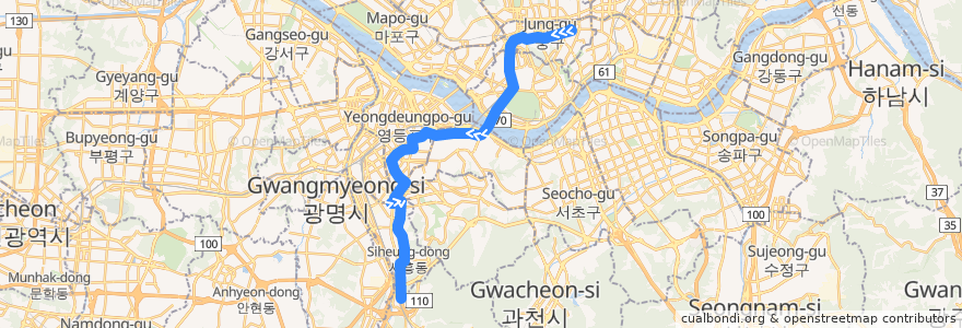 Mapa del recorrido 서울 버스 507 de la línea  en Seul.