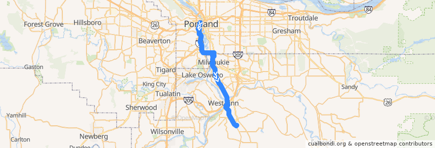 Mapa del recorrido Bus 99: Portland => Clackamas Community College de la línea  en 俄勒冈州/俄勒岡州.