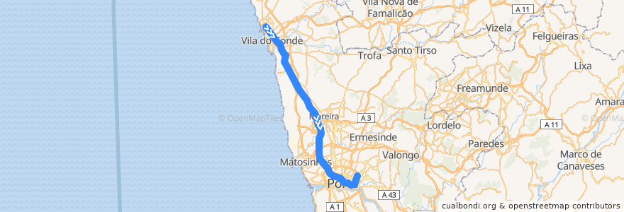 Mapa del recorrido Linha B: Póvoa de Varzim => Estádio do Dragão de la línea  en بورتو.