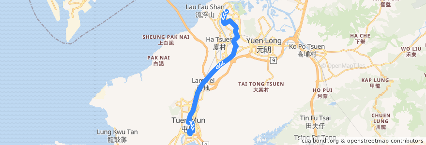 Mapa del recorrido 輕鐵751綫 Light Rail 751 (天逸 Tin Yat → 友愛 Yau Oi) de la línea  en Hong Kong.
