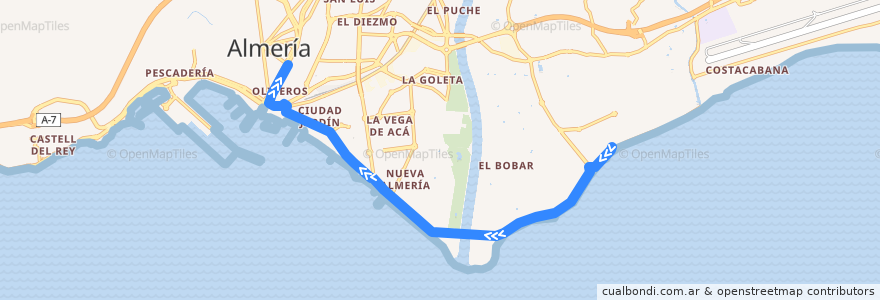 Mapa del recorrido L12: Nueva Andalucía - Universidad - Zapillo de la línea  en Almería.